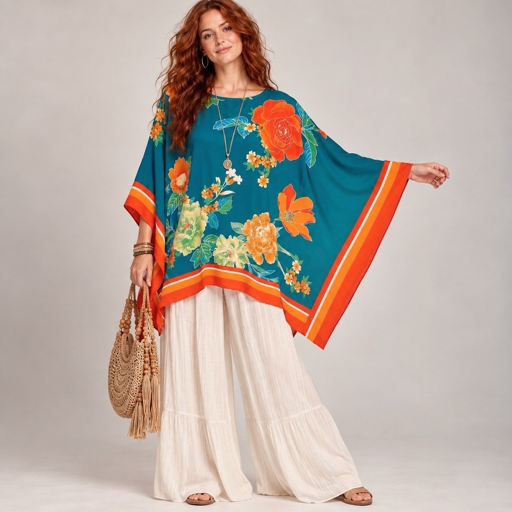 Bob Mackie Wearable Art M Teal Floral Blouse Poncho Caftan Batwing Boho Artsy